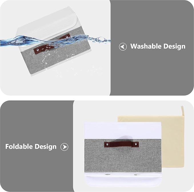 ANMINY 2PCS Storage Boxes with Lid Washable Decorative Storage Bins Basket with PU Leather Handle Foldable Linen Fabric Storage Cubes Containers for Home Closet Organizer - Gray White, Large Size