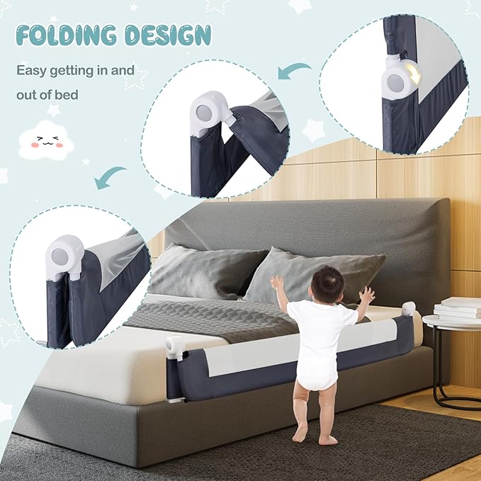 BABY JOY Bed Rails for Toddlers, Extra Long, Swing Down Safety Bed Guard for Convertible Crib, Folding Baby Bedrail for Kids Twin, Double, Full Size Queen & King Mattress (60-Inch, Dark Blue)