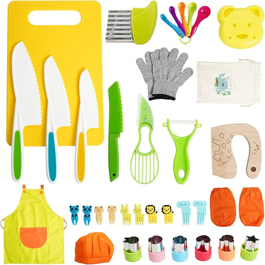 38 Pcs Kids Knife Set, BPA Free Montessori Kitchen Cooking Tools-Kid Safe Knifes, Crinkle Cutters, Avocado Slicer, Cutting Board, Peeler, Apron Gloves Set, Kitchen Tools for 3+ Year Old Girl Boy
