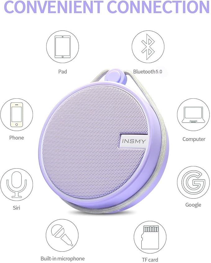 INSMY C12 IPX7 Waterproof Shower Bluetooth Speaker, Portable Small Speaker, Speakers Bluetooth Wireless Loud Clear Sound Support TF Card Suction Cup for Kayak Canoe Beach Gift (Purple)