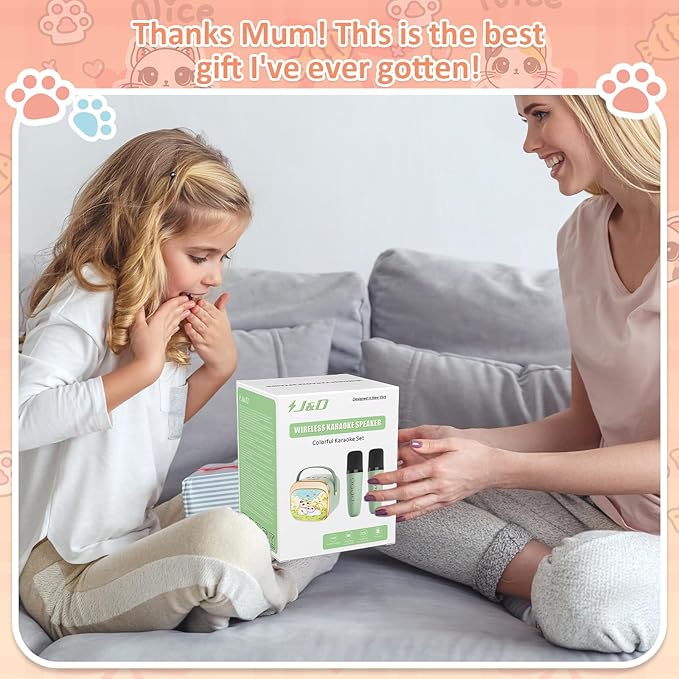 J&D Mini Karaoke Machine for Kids Adults, Portable Bluetooth Speaker with 2 Wireless Mics and Cat Sticker for Girls Boys Age 3–10 Birthday Gifts Princess Toys, Colorful LED, Green