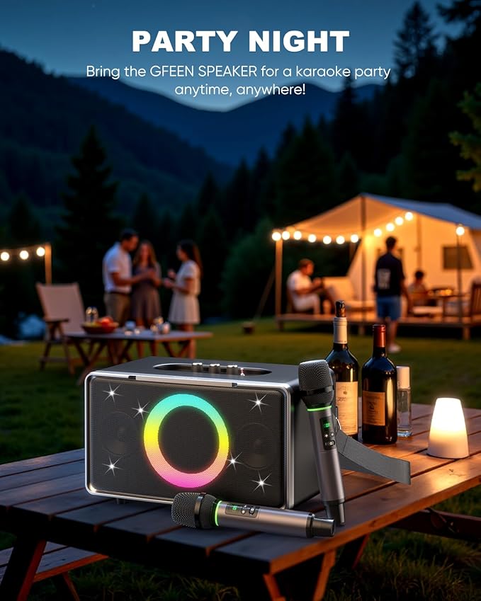 GFEEN Portable Bluetooth Speaker: 200W Peak, 15H Playtime, Wireless Speakers with Microphone, 5″ Subwoofer, Loud Sound, Light Show, Fast Charging for Outdoor, Party, Backyard(Silver with 2Mic)