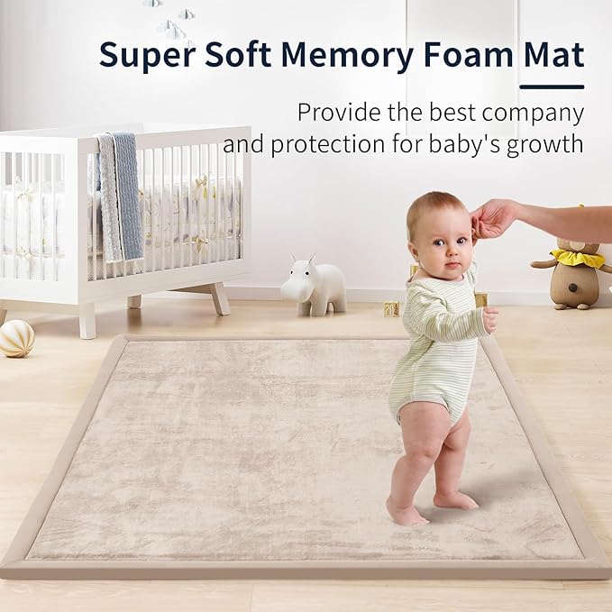 ACOMOPACK Baby Play Mat for Floor 1.3" Thick Memory Foam Play Mat 71"×79" Tummy Time Crawling with Non-Slip Bottom for Living Room,Nursery,Soft Velvet Playpen Mats for Kids,Infants（Beige）
