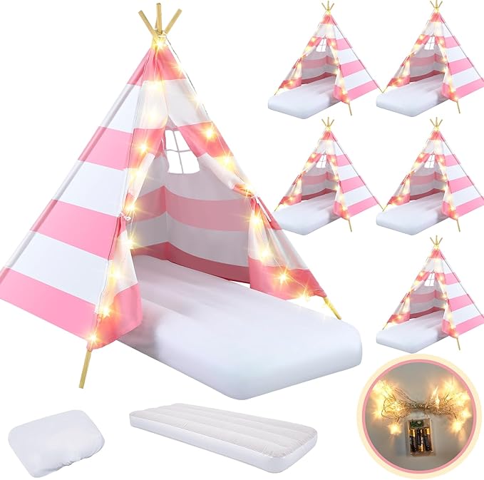 6 Pack Sleepovers Teepee Tent for Kids Bulk with Mattress Sheet Light,Natural Cotton Washable Indoor Play Tent for Birthday Slumber Party Girls Boys Pajama Movie Night Supplies(Pink, White)