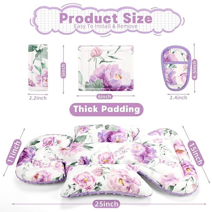 Infant Car Seat Insert, Soft Baby Car Seat Head & Body Support for Girl Boy, Reversible Newborn Preemie Carseat Insert Cushion with 3 Straps Pads Fits CarSeat, Stroller, Swing, Bouncer, Purple Floral