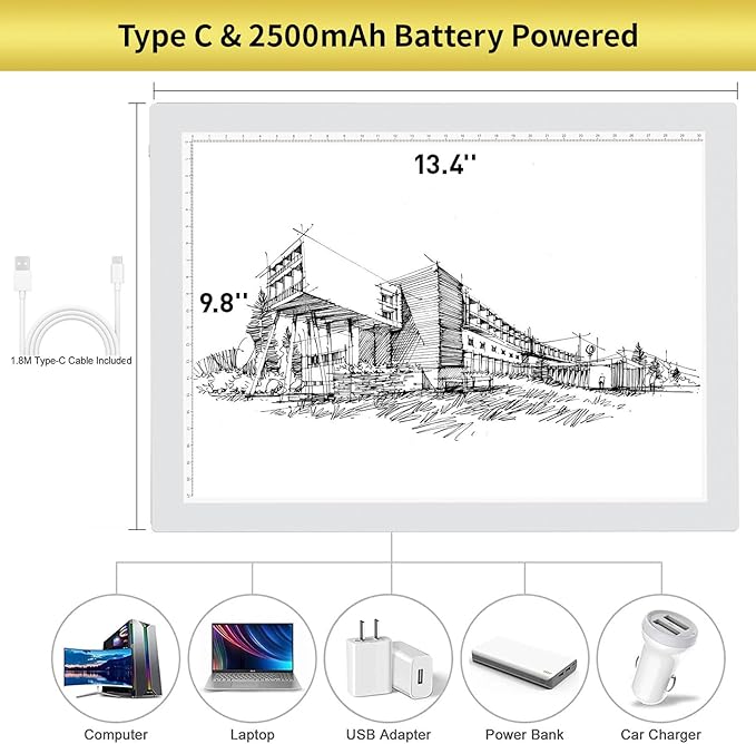 A4 Wireless Battery Powered Light Pad, TOHETO Tracing Light Box Dimmable Brightness Rechargeable LED Light Board Portable Cordless Copy Board for Artist Drawing Sketching X-ray Viewing (White)
