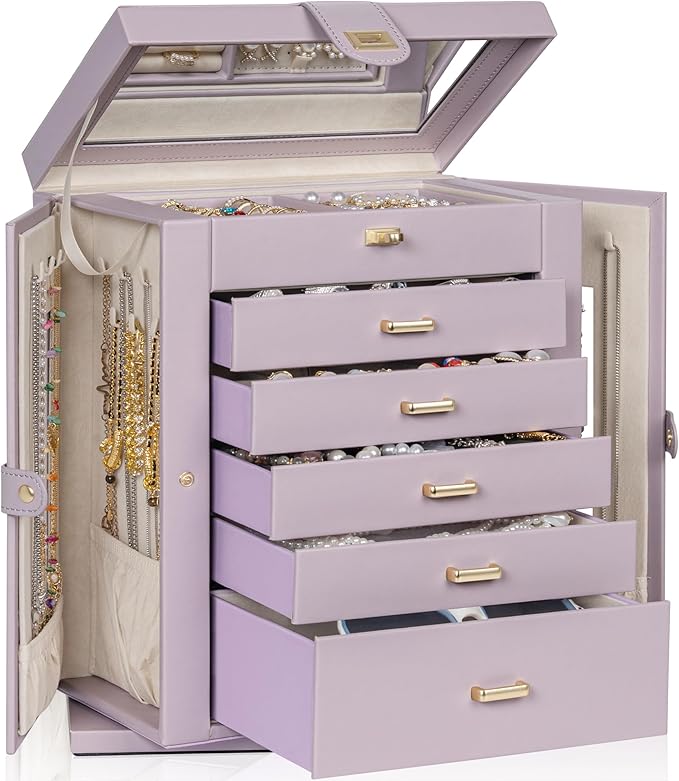 AKOZLIN 360° Rotating Jewelry Box 6-Tier Organizer Functional Jewelry Storage Case for Women Girls Ring Necklace Earring Bracelet Holder with Mirror Purple