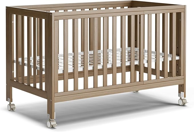 EvoNest Baby Crib, 11 in 1 Convertible Mini Crib with Wheels, 100% New Zealand Wood Growing Bed, 4 Adjustable Mattress Height ，Walnut Brown