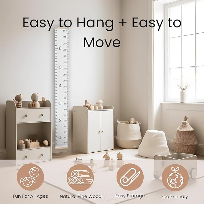 Growth Chart for Wall | Kids Height Chart Canvas Ruler with Wooden Storage Box | Waterproof Measuring Chart | Nursery Decor & Baby Shower Gift