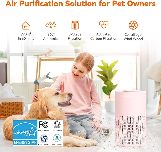 AIRROMI Air Purifier for Bedroom with HEPA 3-in-1 Filter, Pet Air Purifier for Home Cat Pee Smell, Covers Upto 990 Ft², Quiet 360° intake Air Cleaner for pet hair,allergies,Dust,Smoke A2001 Pink