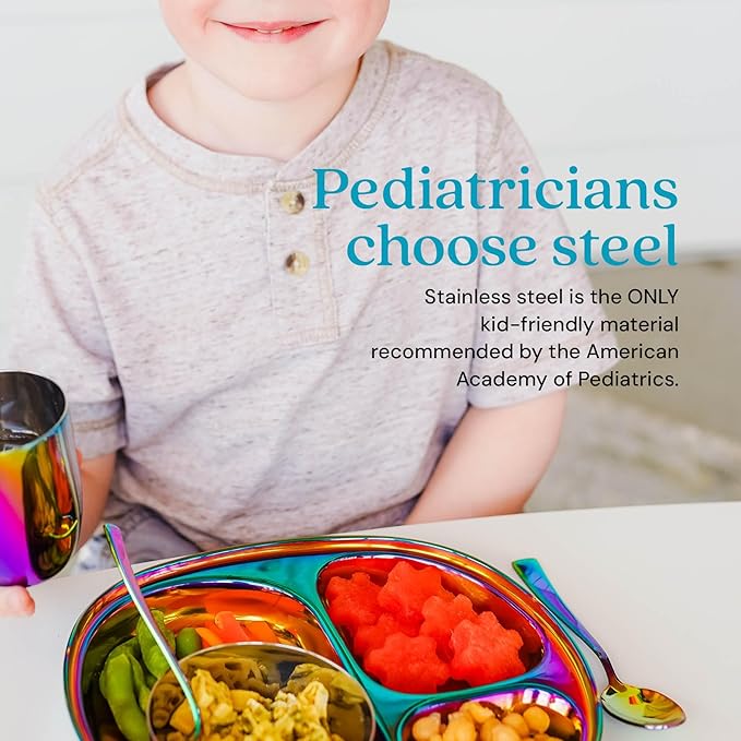 Ahimsa Stainless Steel Kids Plates - Divided Toddler Plates, Pediatrician Designed, Non Toxic Toddler Plate, BPA Free & Dishwasher Safe (Rainbow Single)