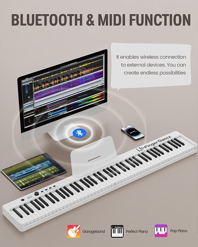 Finger Dance Folding Piano Keyboard 88 Keys, Portable Electric Keyboard with Bluetooth MIDI, Full Size Digital Piano, Wood Grain, Semi-Weighted, Touch Sensitive, with Storage Bag for Beginner