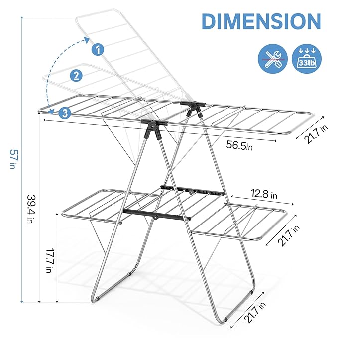 APEXCHASER Clothes Drying Rack with 4 Wings, Stainless Steel Drying Rack Clothing with Height-Adjustable, Foldable Gullwings Laundry Drying Rack, Indoor Outdoor Use, No Assembly, Black