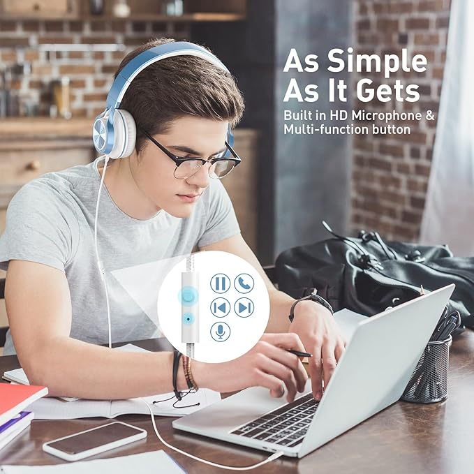 AILIHEN Kids Headphones for School Boys, Headphones with Microphone for Chromebook Laptop Computer Smartphone, 3.5mm Foldable Lightweight Headset for Teen Teenager (Blue)