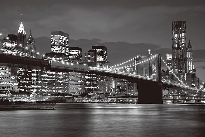 Grey City Wallpaper Brooklyn Bridge Nightscape Wall Mural for Living Room Bedroom Dining Room Office(Not Self-Adhesive)