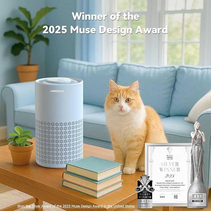 AIRROMI Air Purifier for Bedroom with HEPA 3-in-1 Filter, Pet Air Purifier for Home Cat Pee Smell, Covers Upto 990 Ft², Quiet 360° intake Air Cleaner for pet hair,allergies,Dust,Smoke A2001 Blue