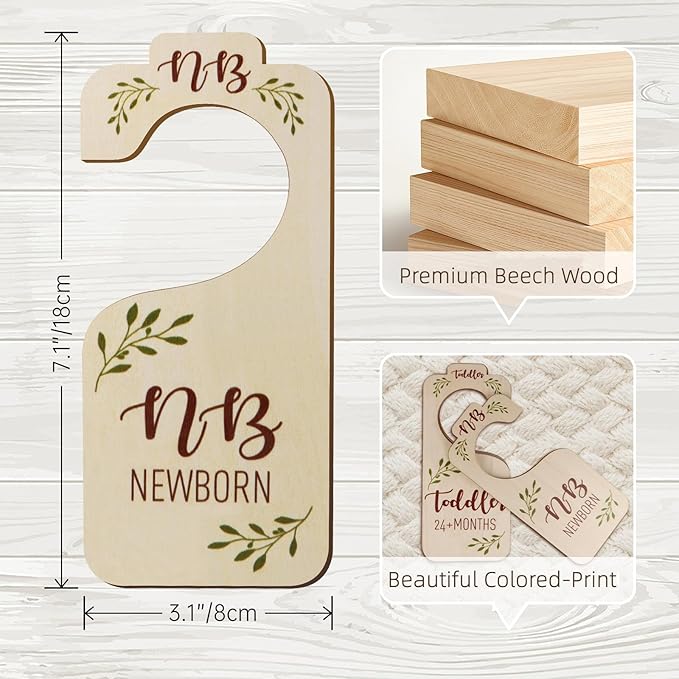 Baby Closet Dividers for Clothes Organizer - 8 PCS Adorable Wooden Double-Sided Baby Clothes Size Hanger Organizer from Newborn to Toddler for Nursery Decor