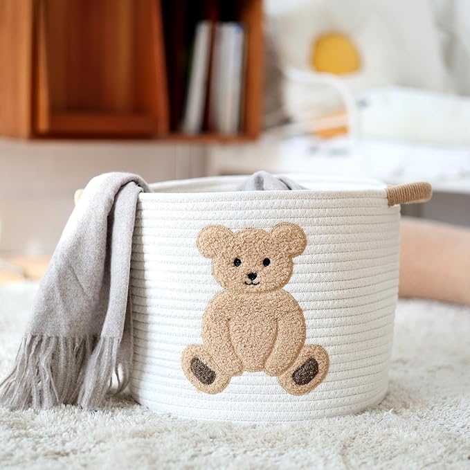 INough Cotton Rope Basket Toy Storage Baskets for kids Laundry Hamper, Gift Basket Empty Baby Shower Baskets with Handles, Cute Bins Blanket Stuffed Animal Storage for Nursery, Living Room Decor, Bear