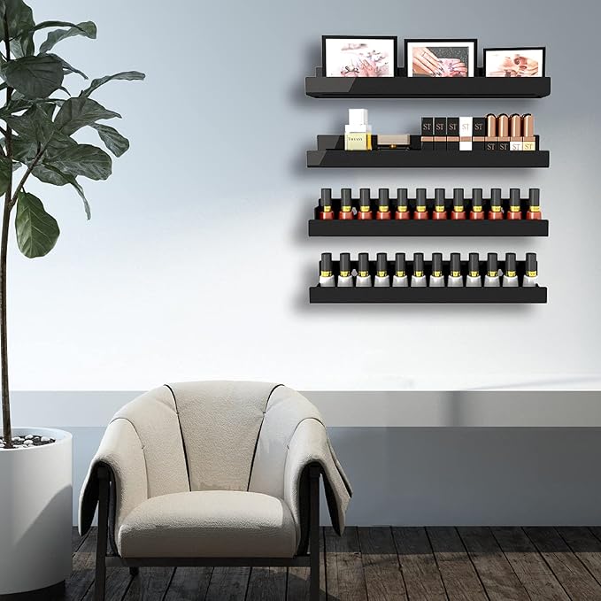 4 Pack 15 Inch Black Acrylic Shelves, Black Kids Floating Bookshelf for Kids Room, Modern Nail Polish Rack Sunglasses Essential Oil Picture Ledge Display Toy Storage Wall Shelf