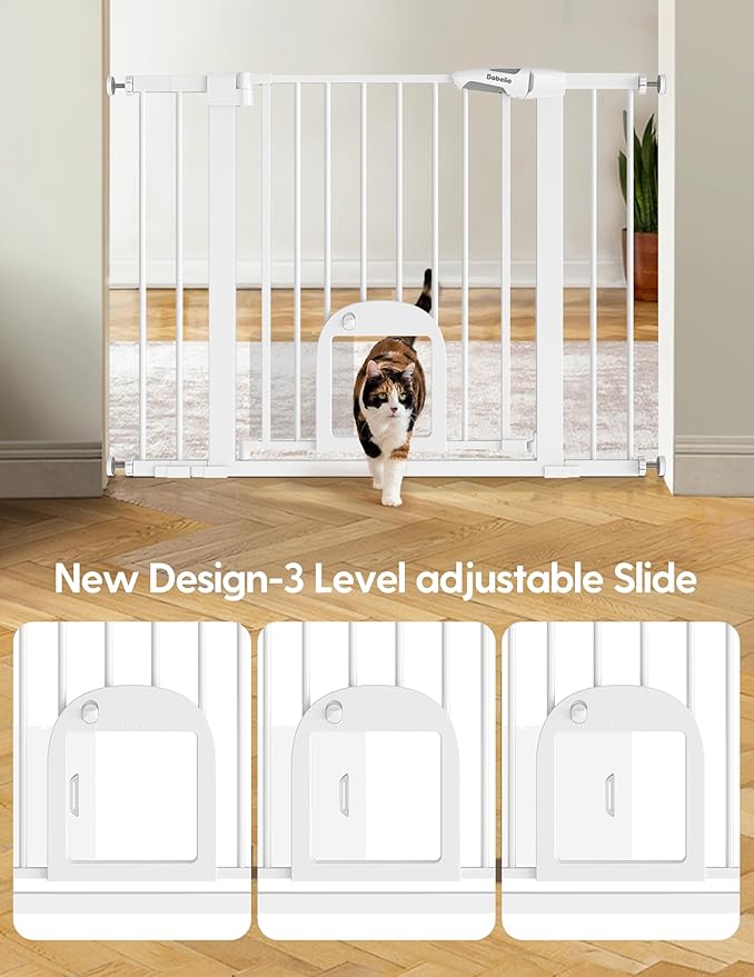 Babelio Baby Gate with Adjustable Cat Door,29-43" Auto Close Durable Pet door for Stairs,Doorways and House,Pressure Mounted,Easy Install,Effortless Walk Thru,White