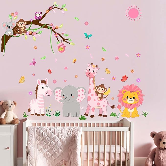 Animals Wall Decals for Girls Kids: Peel and Stick Elephant Giraffe Lion Monkey Wall Stickers - Baby Nursery Boys Room Girls Bedroom - Children Supplies Ages 1-12 Years Wall Decor Art