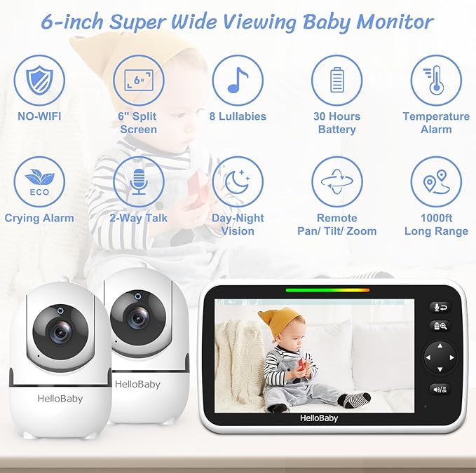 HelloBaby Baby Monitor 2 Cameras, 6'' World First IPS Split-Screen 30H Battery, No WiFi 2-Way Audio, Video, VOX, Double Cameras Pan-Tilt-Zoom, Night Vision, 8 Lullabies, 1000ft for Twins