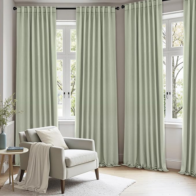 ANRODUO 96 Inch Long Blackout Curtains Sage Green Thermal Insulated Room Darkening Drapes with Hooks, Rings, Clips for Living Room Bedroom 2 Panels Set