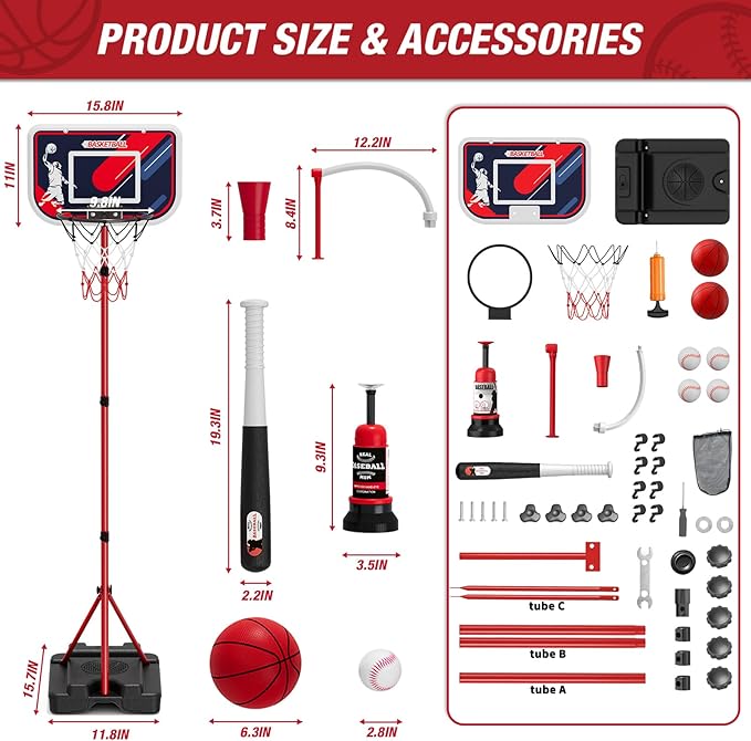 4 in 1 Kids Basketball Hoop and Tball Set for Toddlers 3-5, Adjustable Hanging Tee Ball Stand with Automatic Baseball Pitching Machine, Indoor Outdoor Sport Toys Birthday Gifts for Boys Girls