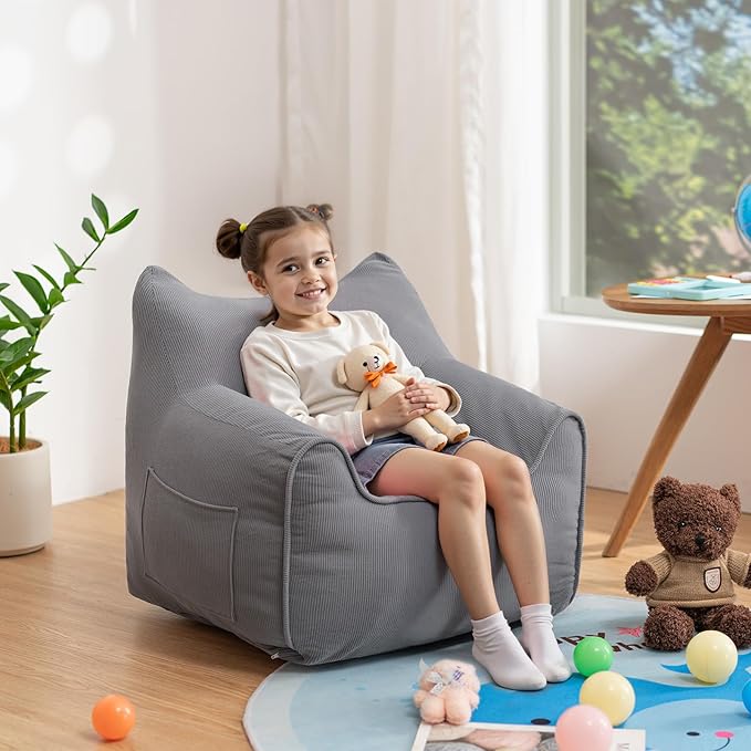 HOMMPA Bean Bag Chair for Kids Stuffed Toddler Bean Bag Sofa with Pocket Filler Cat Shaped Bean Bag Chair Boys and Girls Baby Lazy Floor Sofa Chair for Gaming Reading Playing Grey