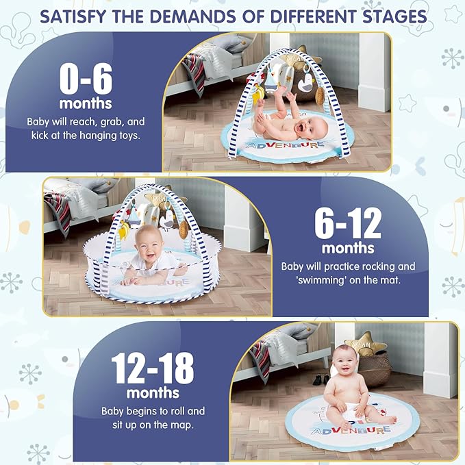 Activity Gym, Baby Play Gym Mat for Toddlers, 0-18 Months Tummy Time Play Mats, Infant Play Gym with Detachable Toys for Sensory Exploration and Motor Skill Development, PM2406