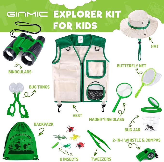 GINMIC Kids Explorer Kit & Bug Catching Kit, 16 Pcs Outdoor Exploration Safari Kit for Kids Camping with Binoculars, Adventure, Hunting, Hiking, Educational Toy Gift for 3-12 Years Old Boys Girls