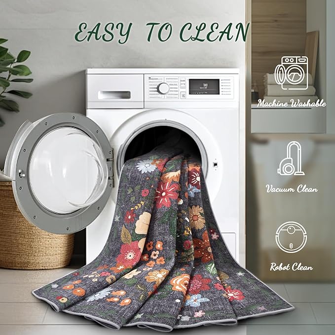 9x12 Area Rug for Living Room: Vintage Floral Washable Rug Soft Boho Non Slip Carpet Large Indoor Floor Non Shedding Low Pile Thin Carpets for Bedroom Dining Room Farmhouse Nursery Home Office Black