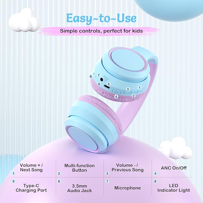 Active Noise Cancelling Headphones for Kids, 60H Playtime,Purple Wireless Bluetooth Over-Ear Headset Built-in Microphone for Home/School/Travel/Party - Includes Portable Case