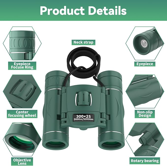 300x25 Binoculars for Adults and Kids, High Powered Mini Pocket Binoculars with Phone Adapter, Waterproof Compact Telescope for Bird Watching, Hunting, Concert, Theater, Opera, Traveling, Sightseeing