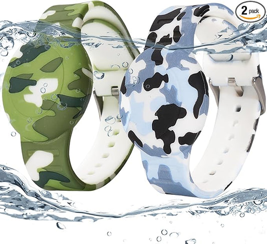 2 Pack Waterproof AirTag Bracelet for Kids, Hidden Printed Wristband for Apple Air Tag, Silicone AirTag Holder GPS Tracker Case for Band for Child Toddler, Secure Anti-Lost Protection(Camouflage)