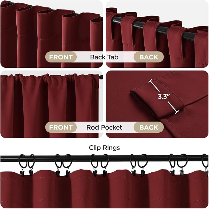 Joydeco 90 Inch Blackout Curtains for Bedroom, Thermal Insulated Black Out Curtains, Room Darkening Drapes for Living Room Window Rod Pocket Back Tab (W52 x L90 Inch, Burgundy Red)