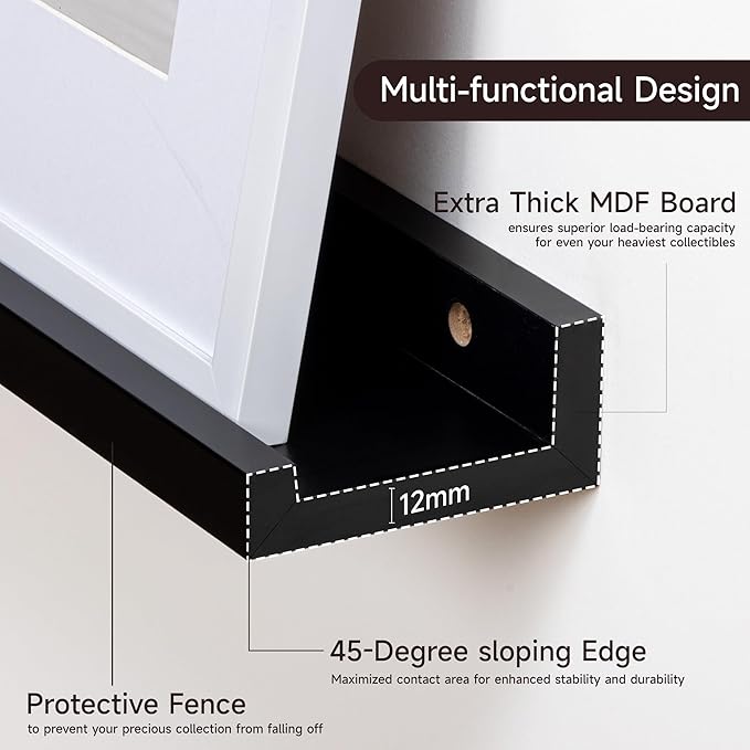 Floating Picture Ledge Shelves for Wall Set of 2, 72 Inches Picture Ledge Shelf with Long Large Nursery Book Shelf for Toys Storage Kids Bookshelf Wall Mounted Living Room Bedroom Decor Frames, Black