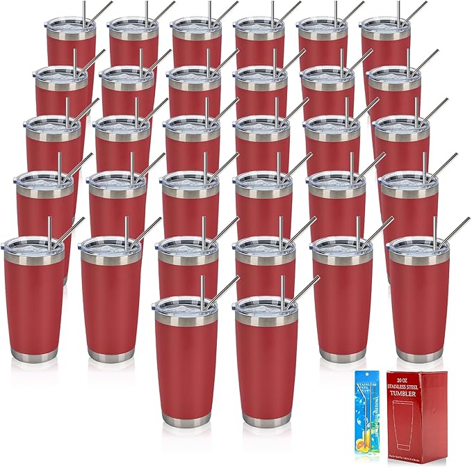 IEOVIEE 32 Pack 20oz Stainless Steel Bulk Tumblers with Lids and Straws Double Wall Insulated Travel Mug Durable Powder Coated Tumbler Bulk Cup for Cold and Hot Drinks(Red)