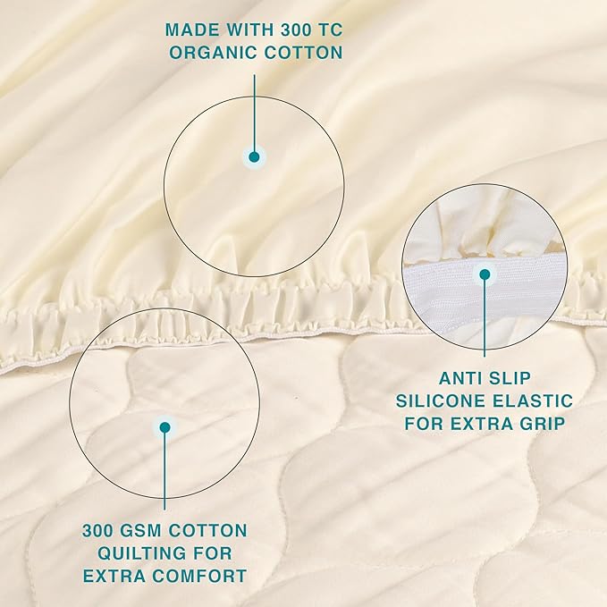 FABDREAMS Organic Quilted Mattress Protector Queen Size | Mattress Pad| Mattress Cover| Naturally Breathable | Noiseless| Fits up to 17" Deep Pocket| Temperature Regulating | Ivory