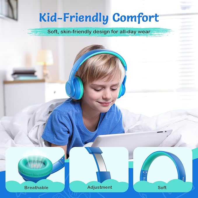 Active Noise Cancelling Headphones for Kids, 60H Playtime, Wireless Bluetooth Over-Ear Blue Headset Built-in Microphone for Home/School/Travel/Party - Includes Portable Case