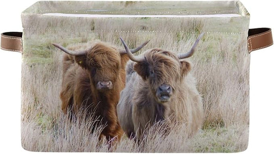 Highland Cows Storage Basket Cube Storage Bins Organizer Bag Collapsible Closet Shelf Baskets with handle for Baby Cloth Pet Toy Book 14.2×10.2×8.3 IN