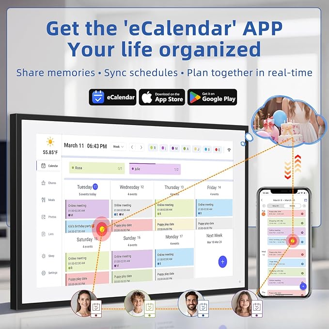 21.5 Inch Digital Calendar, Electronic Chore Chart, Smart Weekly and Monthly Planner 1920 * 1080P IPS Touchscreen Wall and Desk Calendar for Family Schedules, Black