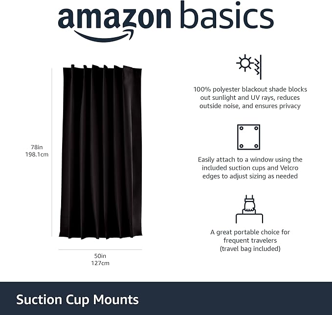 Amazon Basics Portable Blackout Curtain Shade with Suction Cups, 50" W x 78"L, 1-Pack, Black