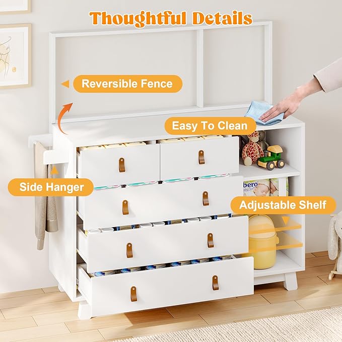 Baby Dresser with Changing Table Top, Baby Changing Table Dresser with 5 Drawers and Adjustable Shelves, Multi-Functional Diaper Changing Station, Nursery Organizer for Kids Bedroom, White