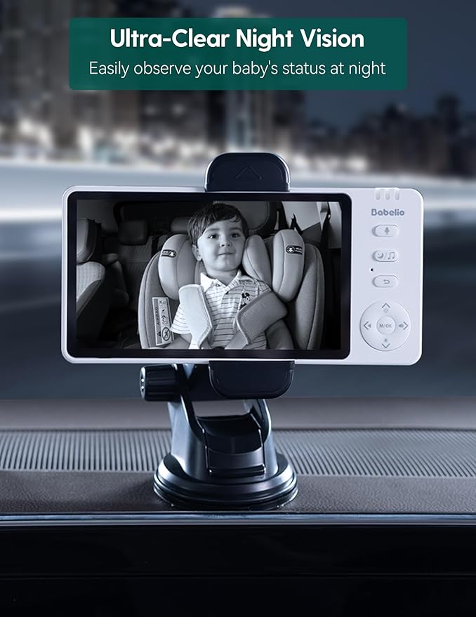 BABELIO Wireless Baby Car Camera with 5" HD Night Vision, Battery-Powered Rear Facing Car Seat Monitor for Kids and Pet, Easy Install 360° Rotatable Backseat Mirror, Newborns Travel Essentials Gifts