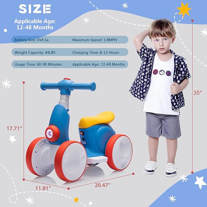 6V Electric Baby Balance Bike with Bubble Machine,4 in 1 Toddler Balance Bike w/Remote for 1 Year Old Boys Girls Kids Bubble Bike Ride on Toys w/Powered Motor,Music,LED Lights (Blue&Red)