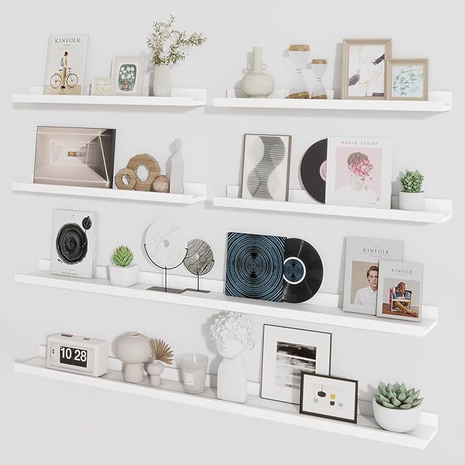 Axeman Picture Ledge Shelf, Floating Shelves for Wall Decor Storage Set of 6, 55 inch Floating Wall Mounted Shelves, Wall Shelves with Lip for Living Room, Bedroom, Nursery, Bathroom, Kitchen, White