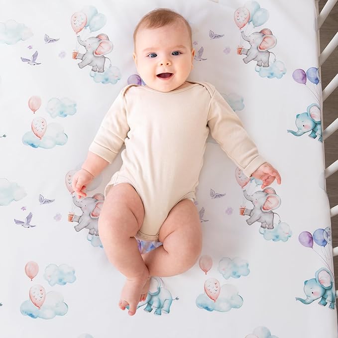 4 Piece Crib Bedding Set for Boys Girls, Infant Toddler Nursery Baby Bedding Sets Includes Cartoon Quilt, Fitted Crib Sheet, Crib Skirt and Plush Elephant Toy