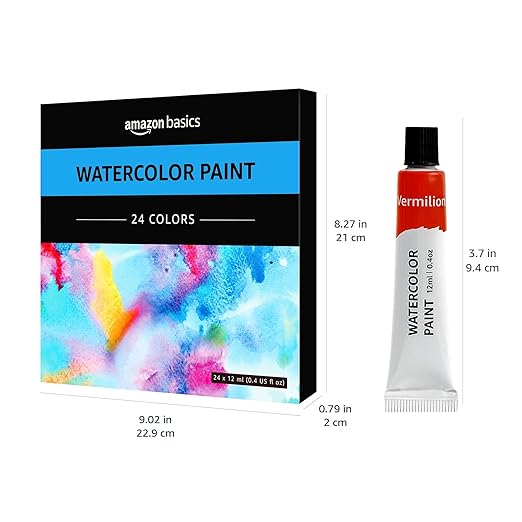 Amazon Basics Vibrant Watercolor Paint Set Tubes, 24 Colors, Assorted Colors