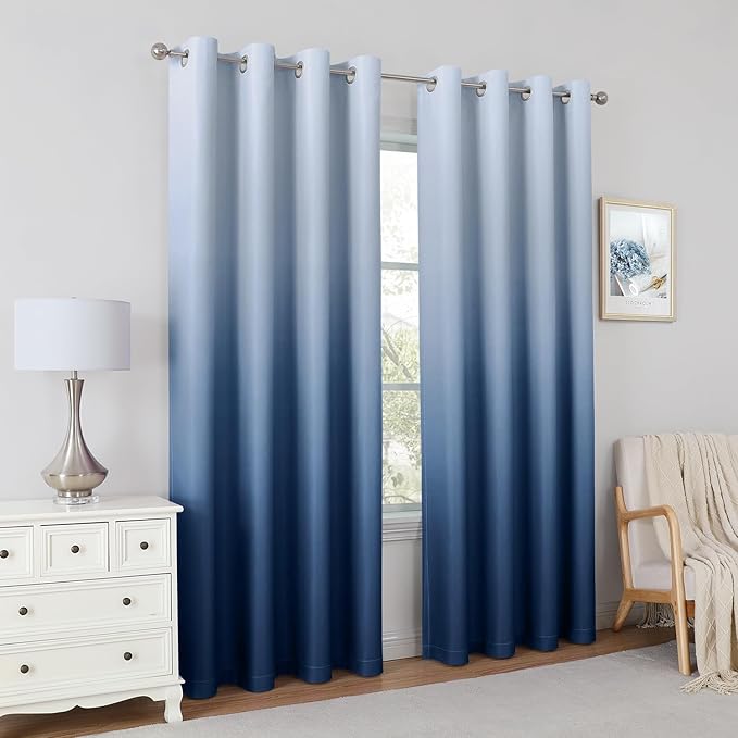 HOMEIDEAS Navy Blue Ombre Blackout Curtains 52 X 96 Inch Length Gradient Room Darkening Thermal Insulated Energy Saving Grommet 2 Panels Window Drapes for Living Room, Bedroom